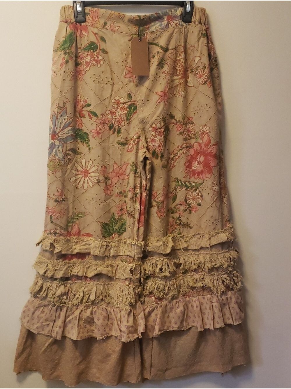 A Rare Bird NWT 100% Cotton Women's Wide Leg Boho Ruffle Pants - Beige Floral